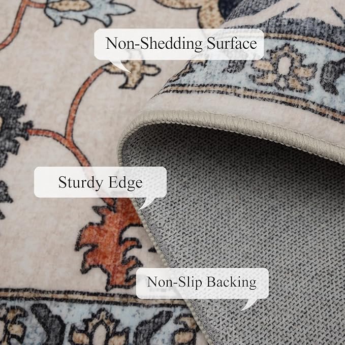 Washable Rugs 5x7 Area Rugs for Living Room, Thin Carpet for Bedroom, Soft Faux Wool Retro Dining Room Rug，Non Slip&Non-Shedding Resistant Low Pile Vintage Print Rug for Home Office (Blue/Gray)