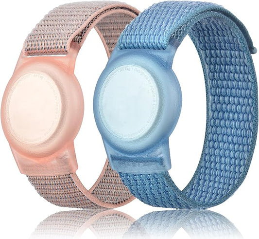 Kids Wristband Compatible with Apple AirTag, Protective Case for Air Tag GPS Tracker Holder with Nylon Bracelet, Adjustable Anti Lost Watch Band for Toddler Child Elder(Pink&Blue)