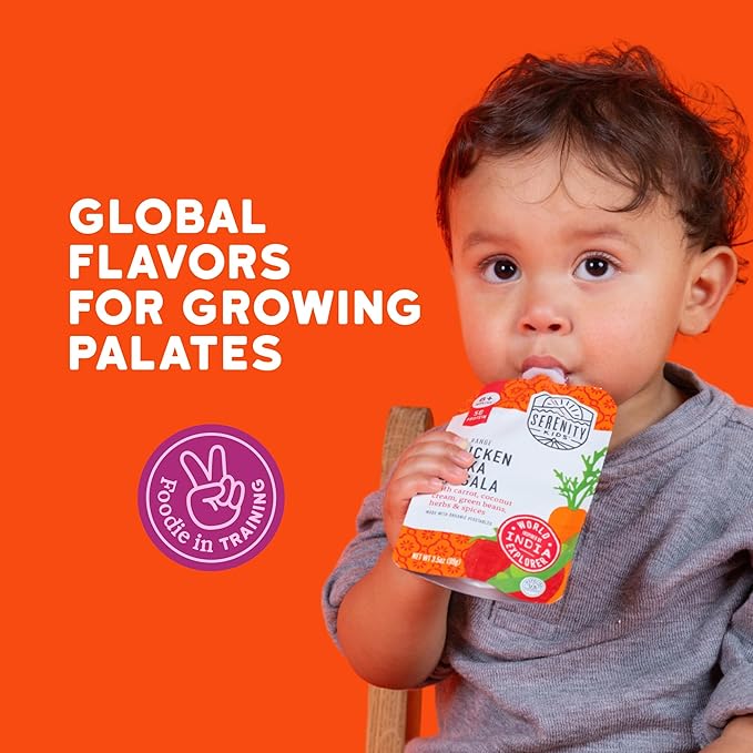 Serenity Kids 6+ Months Chicken Tikka Masala Baby Food Puree Pouches - High Protein Ethically Sourced Chicken & Organic Veggies - BPA-Free Toddler Pouches - 3.5 Oz, 12 Pack