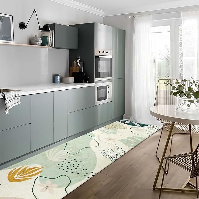 Lahome Green Runner Rugs for Hallway 2x10, Extra Long Washable Non-Slip Kitchen Rug Lightweight Stair Carpet Runner, Boho Botanical Print Soft Entrance Bath Laundry Living Room 2' x 10'