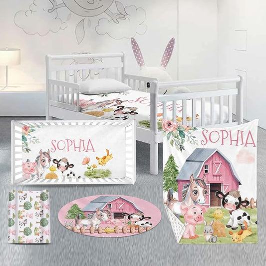 Custom Nursery Crib Bedding Set: Personalized Name 4 Piece Animal House Design Baby Crib Sets for Girls - Toddler Double Layer Blanket Set, Comfortable Crib Bed Sheets for Baby Toddlers