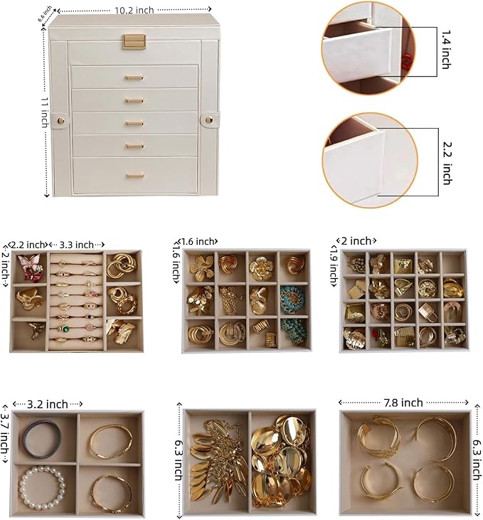 BOOVO Jewelry Box For women, 6 Layer Large Jewelry Organizer With Mirror, Multi-Function Storage Box With Lock, Necklace Holder With 5 Drawers, For Earrings Necklace Bracelet (Pearl White and Gold)