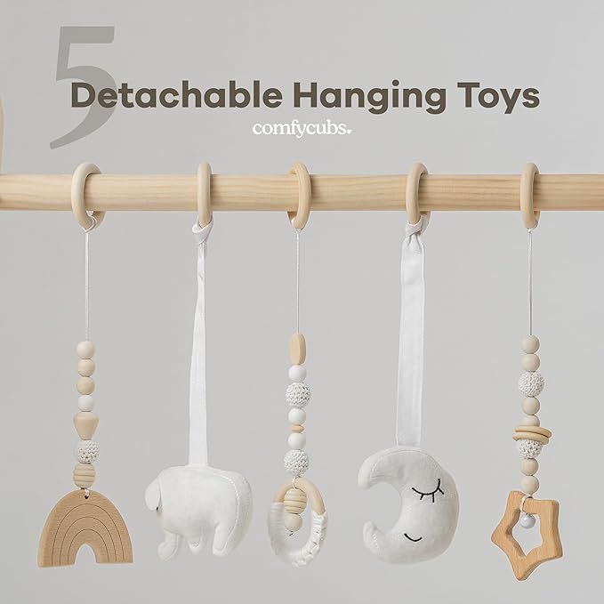 Comfy Cubs Wooden Baby Play Gym - Natural Finish Pinewood Baby Activity Gym with 5 Sensory Hanging Toys - Easy No-Tool Assembly, Safe and Durable for Infant Motor and Visual Development - Natural Wood