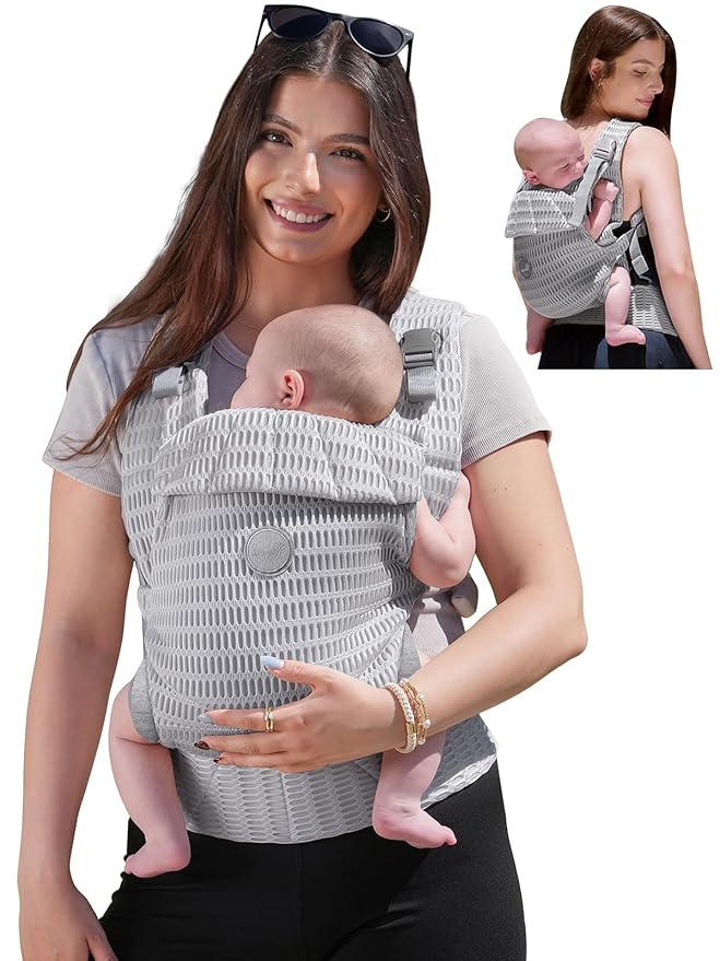 GROWNSY Baby Carrier Newborn to Toddler, Breathable Mesh Carrier(7-44lbs) with One-Click Sliding Clasp, Head Support, Ergonomic Design and Hands-Free Comfort, Silver Gray