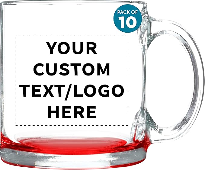 Custom Libbey Clear Glass Coffee Mugs 13 oz. Set of 10, Personalized Bulk Pack - Perfect for Coffee, Tea, Espresso, Hot Cocoa, Other Beverages - Red Bottom
