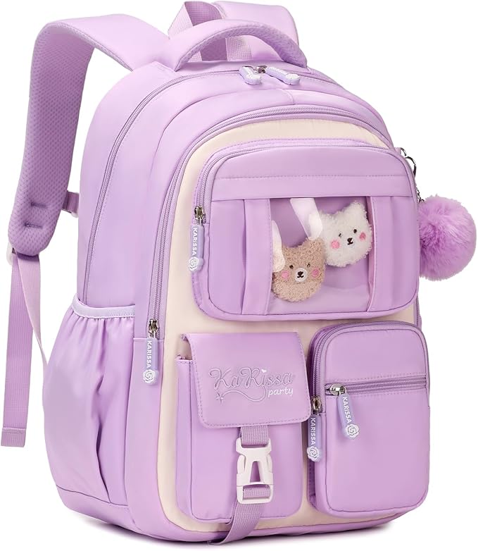 Kids Backpack for Girls School Bags for Middle School Students Book Bag for Elementary Primary Kawaii Ita Backpack, Purple and Beige