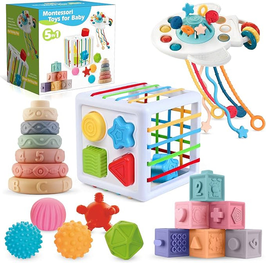 SpringFlower 5 in 1 Baby Toys 6 to 12 Months, Montessori Toys, Soft Baby Teething Toys, Sensory Bin Toy, Stacking Building Blocks & Rings Infants,Sorting Sensory Learning Gift for Toddlers Aged 1-3