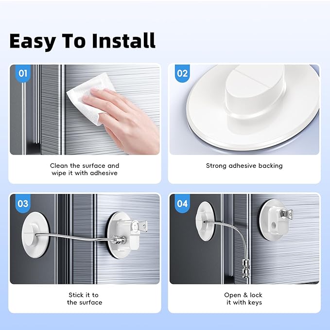 2 Pack Refrigerator Lock with Sticky Adhesive Pads, Child Proof Refrigerator/Fridge/Freezer Door Lock for Toddlers and Kids, Baby Safety Locks for RV Refrigerator, Cabinets and Drawers, Oven (Patent)