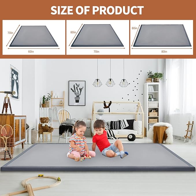 Baby Play Mat for Floor - 1.4" Thick Memory Foam Rug, 80"x70" Playpen Tummy Time Mat, Soft Velvet Nursery Rug, Large Padded Crawling Mats, Cushioned Pads for Playroom Toddlers, Infants, Yoga, Tatami