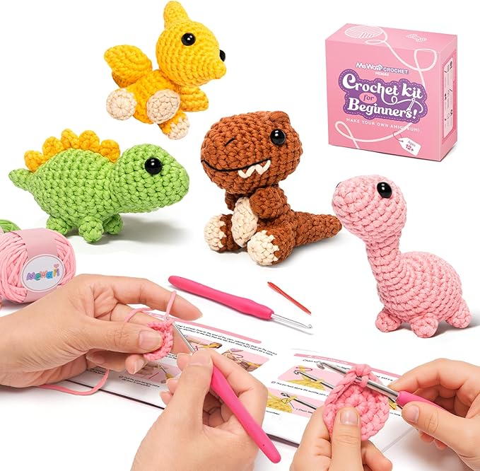 Mewaii Crochet Kit for Beginners – 5 Easy Dinosaur Crochet Kits with Step-by-Step Video Tutorials, Pre-Started Yarn, 40% Extra Yarn, Beginner Crochet Kit for Adults & Kids