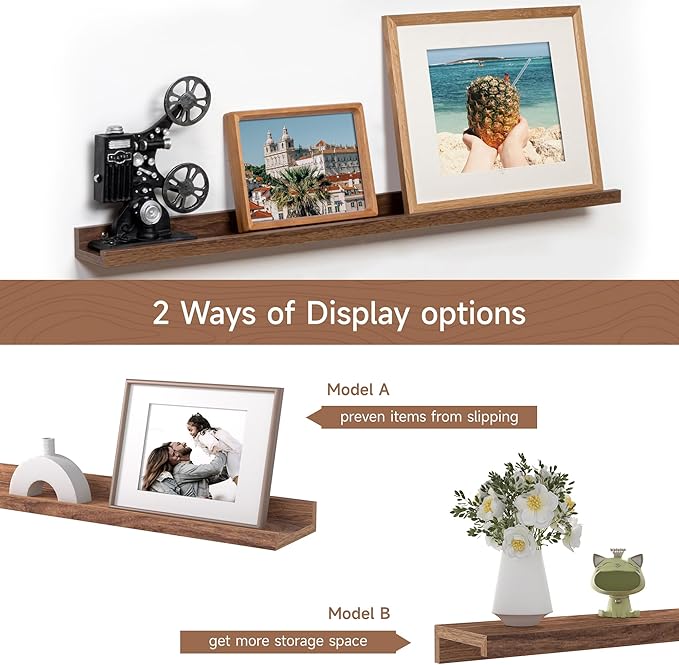 Fun Memories Picture Ledge Shelf, 36 Inch Floating Shelves Set of 2, Nursery Book Shelves for Toys Storage, Kids Bookshelf Wall Mounted for Wall Decor Books Photo Frames, Walnut