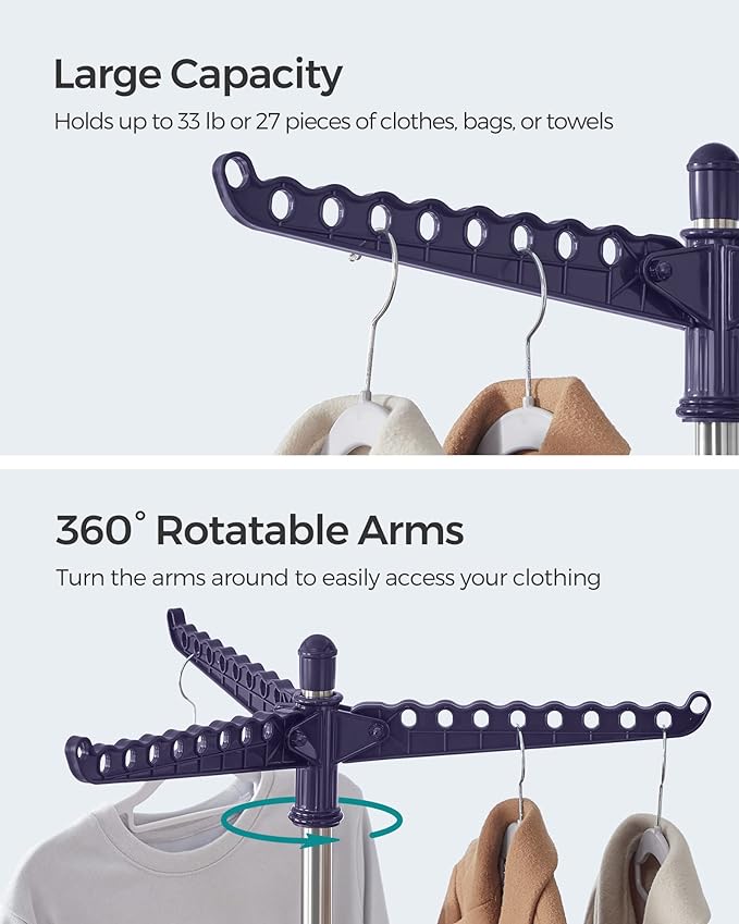 SONGMICS Clothes Drying Rack, 59-Inch High Folding Laundry Drying Rack with 3 Rotatable Arms for Hangers, 4 Legs, Stainless Steel, for 27 Pieces of Clothes, Blue and Silver ULLR510Q01