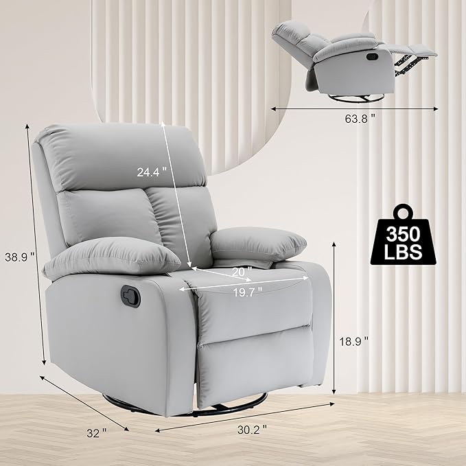 Swivel Rocker Recliner, Rocking Recliner Chair, Small Rocker Recliners for Small Spaces, Living Room, Bedroom, Nursery, RV, Light Grey