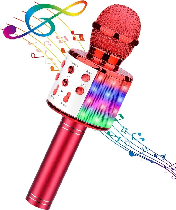 BlueFire 4 in 1 Karaoke Wireless Microphone with LED Lights, Portable Microphone for Kids, Great Gifts Toys for Kids, Girls, Boys and Adults (Red)