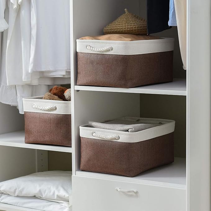 Large Storage Baskets for Shelves, Fabric Baskets for Organizing, Collapsible Storage Bins for Closet, Nursery, Clothes, Home & Office [3-Pack, White&Brown]