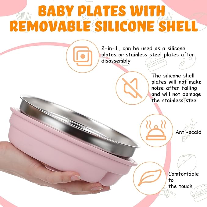 Nuogo 1 Pcs Stainless Steel Baby Suction Plates with Removable Silicone Shell 2-in-1 Metal Toddler Bowl Divided for Picky Eaters Kids Feeding Led Weaning Supplies, Dishwasher Safe (Dark Pink)