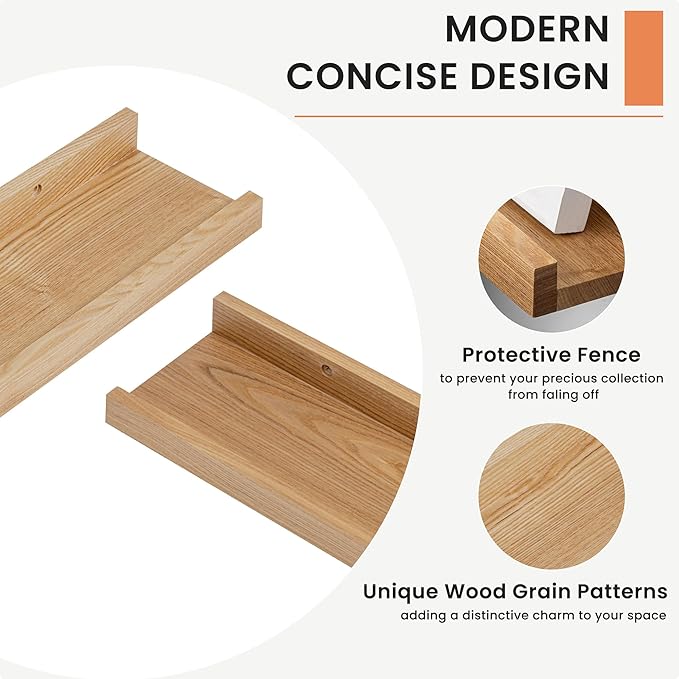 Solid Ash Wood Picture Ledge Shelf, 36 Inch Floating Shelves with Lip Set of 2, Photo Ledge Shelf Nursery Bookshelf Wall Mounted for Living Room Bedroom Decor, Natural