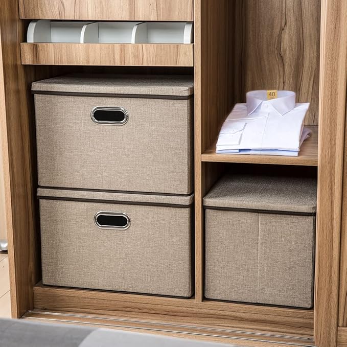 PRANDOM Extra Large Collapsible Storage Bins with Lids [3-Pack] Linen Fabric Foldable Storage Baskets Boxes Organizer Containers Cube with Cover for Bedroom Closet Office Nursery (22.8x15.75x13.8)