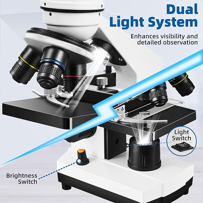Microscope for Adults Kids,40X-2000X Monocular Microscope Kit for Home School Lab, 2 LED Lights & 5 Colors Kids Microscope with Phone Holder,10 Specimen Slides,20 Slides,100 Coverslips, Bag