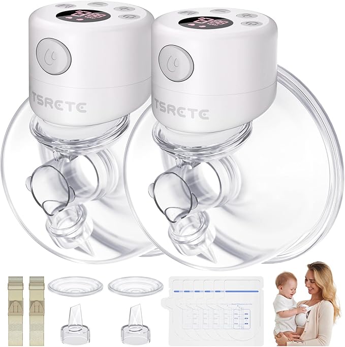 TSRETE Breast Pump, Double Wearable Breast Pump, Electric Hands-Free Breast Pumps with 2 Modes, 9 Levels, LCD Display, Memory Function Rechargeable Double Milk Extractor-24mm Flange, White
