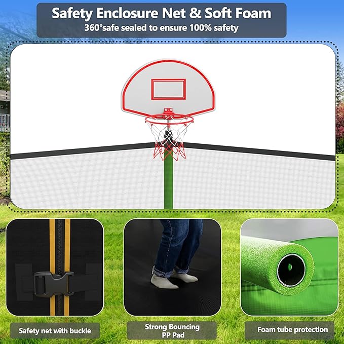 Upgraded 16FT 15FT 14FT 12FT 10FT 8FT Trampoline Outdoor with Basketball Hoop and Net, Capacity for 4-6 Kids and Adults