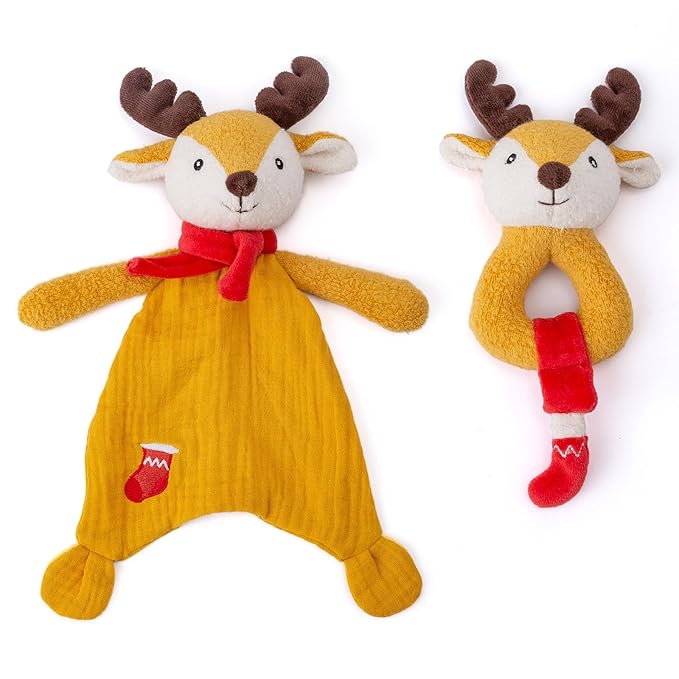 Organic Cotton Stuffed Animal Rattle Baby Toys, Plush Deer Cuddle Cloth and Hand Grip Ring Rattles Plush Toy Set for Newborns Infant Boys Girls, 2 PCS