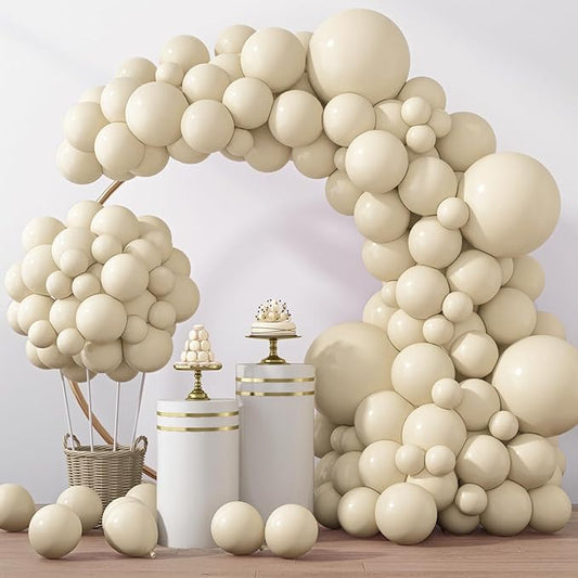 RUBFAC 129pcs Sand White Balloons Different Sizes 18 12 10 5 Inches, Cream Beige Latex Balloon Garland Arch for Birthday Party Graduation Wedding Anniversary Baby Shower Decoration