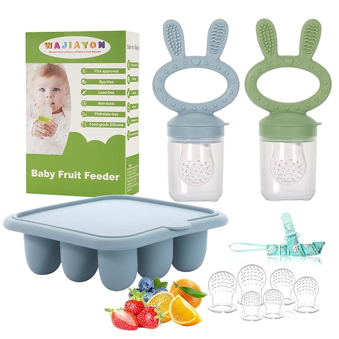 WAJIAYON Baby Breastmilk Popsicle Molds & Babies Fruit Feeder (3 Pack), Infant Food Freezer Tray Storage Containers, Silicone Teething Pacifier Feeder and Teether for Babies,Baby Feeders - Blue
