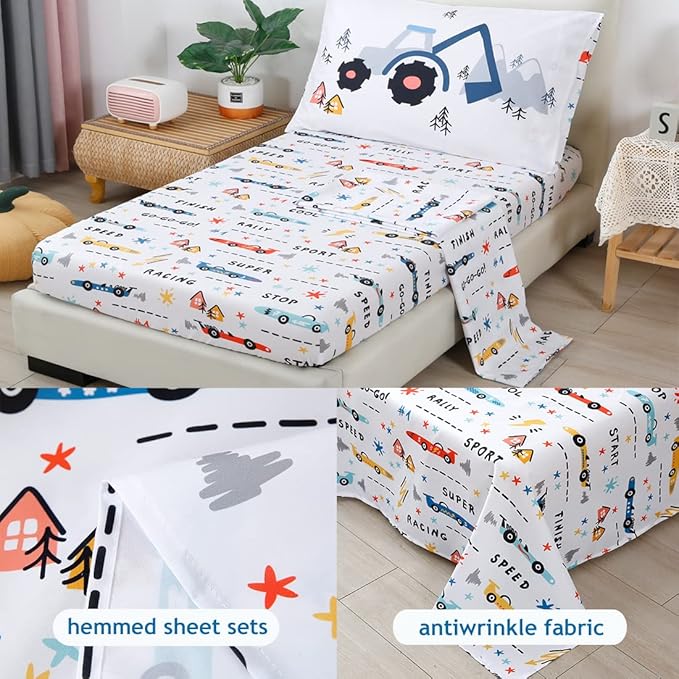 PERFEMET Car Toddler Bedding Kids 4 Pieces Bed in A Bag for Boys Vehicles Truck Toddler Girl Comforter Sets with Bed Sheets Modern Bedroom Collection, White