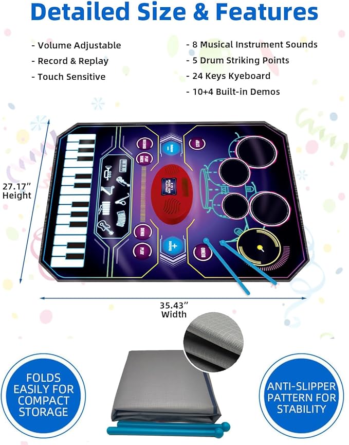 SUNLIN 2-in-1 Music Jam Mat, Music Learning Toy for Boys Girls 3-6, Drum Set + Piano Mat, Toddler Birthday Gift 3 4 5 6 Years, Record & Playback, Built-in Songs, 8 Instrument Sounds, Volume Control