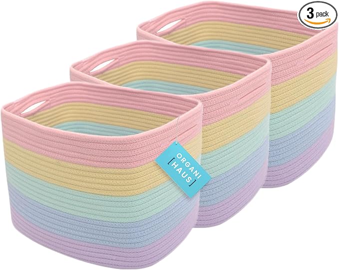 OrganiHaus Set of 3 Cute Rainbow Storage Basket for Toys & Cloths, Cotton Rope Basket for Decor, Shoe Basket Organizers, Decorative Pastel Storage Bins, Woven Storage Baskets for Organizing
