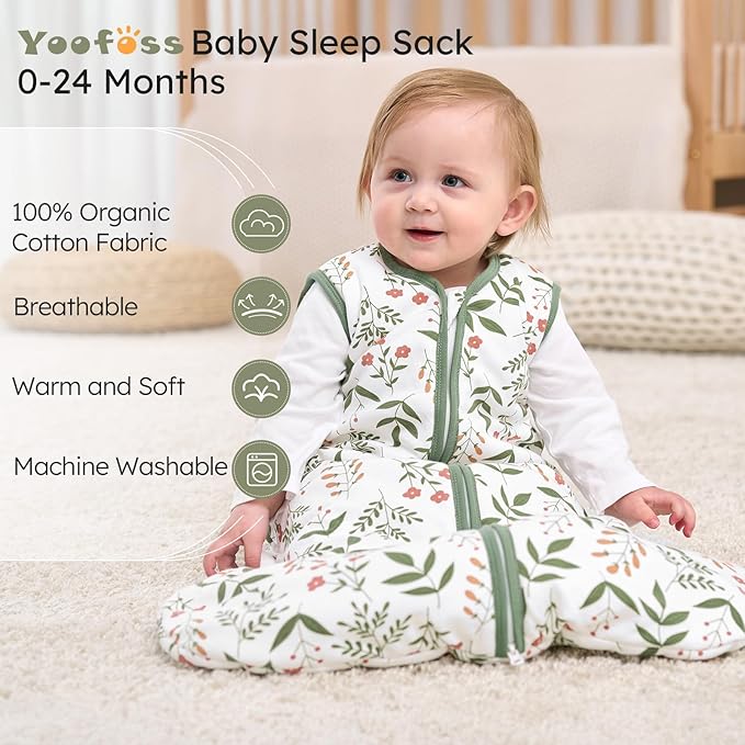 Yoofoss Baby Sleep Sack 12-18 Months, 1.5 Tog Baby Wearable Blanket with 2-Way Zipper, 100% Cotton Organic Fabric Winter Infant Sleeping Sack, Warm Soft Comfy
