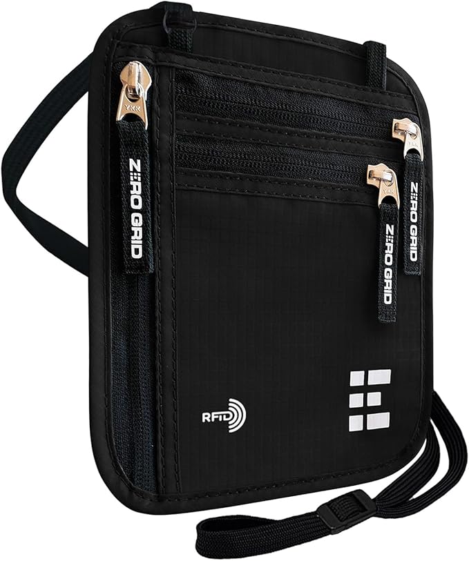 Neck Wallet for Travel & Passport Holder with RFID Blocking - Slim & Easy to Conceal Nylon Travel Pouch for men & women - Holds Phone, Cash, Cards, Keys - Sweat & Water Resistant - Large - Black