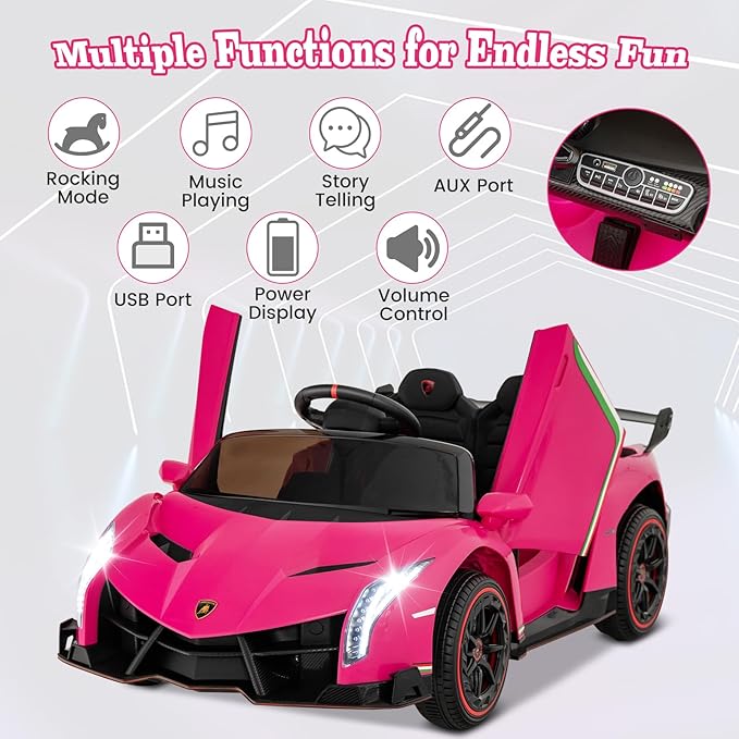 Costzon Pink Lamborghini Ride on Car, 12V Battery Powered 4WD Lambo Kids Car with Remote Control, 3 Speeds, Dual Doors, LED Lights, Horn, Music, Licensed Electric Vehicle for Toddlers Girls Kids Gift