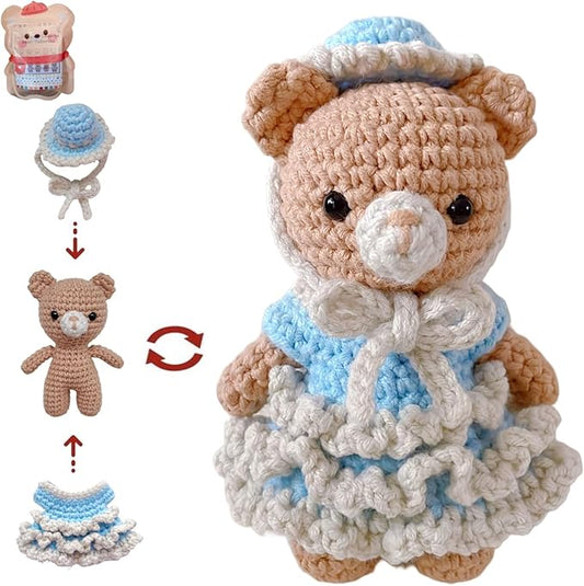 LoopMap Crochet Kit for Beginners - DIY Amigurumi Bear with Removable Dress & Accessories - Step-by-Step Video Tutorials, Extra Yarn, Crochet Tools, Handmade Gift for Kids & Adults (Bear K02, Blue)