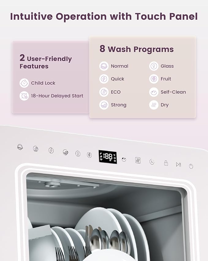 HAVA Countertop Dishwasher with Water Softener and Enhanced Energy Efficiency, Portable Dishwasher with 8 Wash Programs, Child Lock & Delayed Start Function, No Installation Needed - Misty Lilac