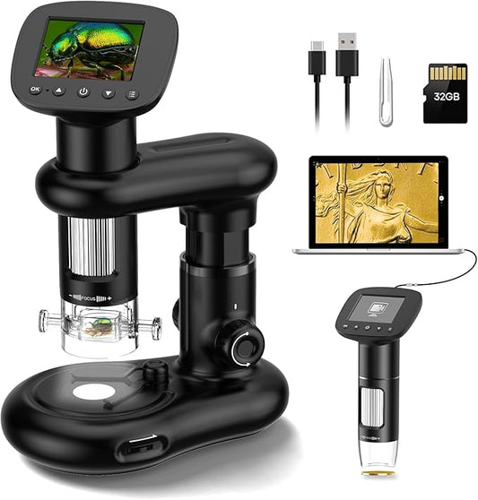 Kids Microscope for Ages 8-12, Handheld Digital Microscope D-MS1 with 2" IPS Screen - Take Pictures & Videos - Download to PC & Mac - 1000X Pocket Microscope, Used Birthday for Kids