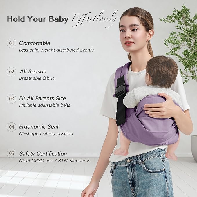 Baby Sling Carrier, Toddler Carrier Sling with Double Safety Buckle and Adjustable Shoulder Strap(7-30lbs), Baby Carriers One Size Fits All, Purple