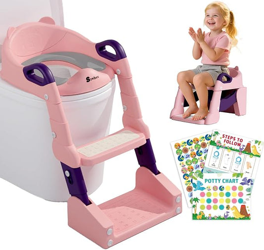 3-in-1 Potty Training Toilet, Toddler Toilet Seat with Step Stool, Foldable Potty Ladder with Potty Chart, PU Cushion, Splash Guard, Anti-Slip Steps & Urinal for Girls & Boys, Pink