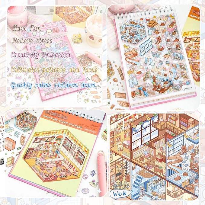 20 Sets DIY 3D Sticker Scenes for Adults with Tweezer, Kawaii 3D House Miniature Sticker Therapy, Make Your Own Mini Room Scene Collection Book for Adult Kids Relief Stress Pass The Time