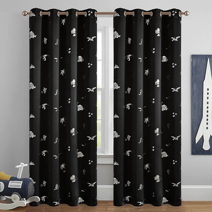 Vangao Kids Curtains Black Blackout Dinosaur Curtains for Boys Kids Nursery Girls Room Silver Dino Foil Print Thermal Insulated Drapes Grommet Top Window Treatments 84 Inches Length 2 Panels