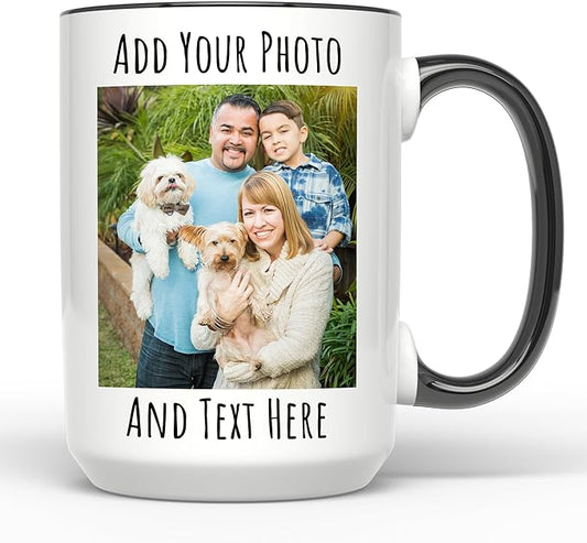 Personalized Coffee Mug 15 Oz, Custom Picture Text or Logo Ceramic Mug, Customized Gift for Men & Women, Taza Personalizada with Photo and Words, Customizable Large Tea Cup | White - Black