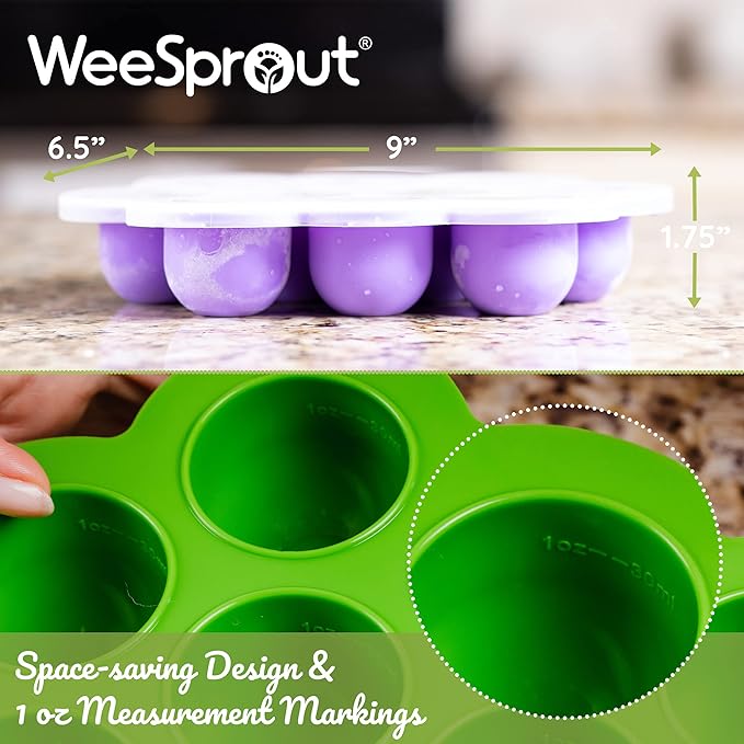WeeSprout Silicone Freezer Tray with Clip on Lid Perfect Food Storage Container for Homemade Baby Food, Vegetable, Fruit Purees, and Breast Milk (Bright Purple, Ten 1.5 Ounce Sections)