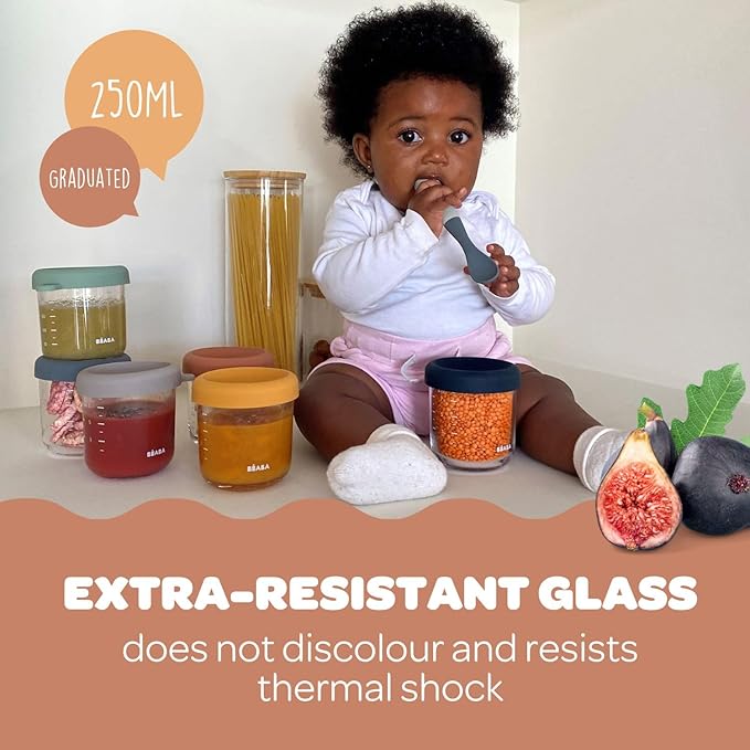 BEABA 8 oz Glass Baby Food Jars with Soft Silicone Air Tight Lids, Glass Storage Containers with Lids, Microwave and Freezer Safe Containers, Terracotta
