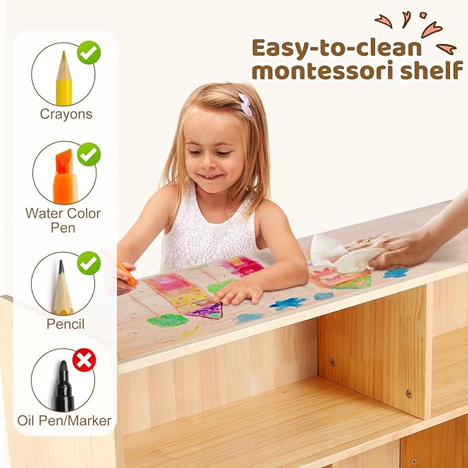 Montessori Shelf, 47-1/4" L Toy Shelf, Toy Storage Organizer with 2-Layer Bookshelf, 5-Section Wooden Storage Cabinet, Bookshelf for Kids Rooms, Playroom, School, Nursery