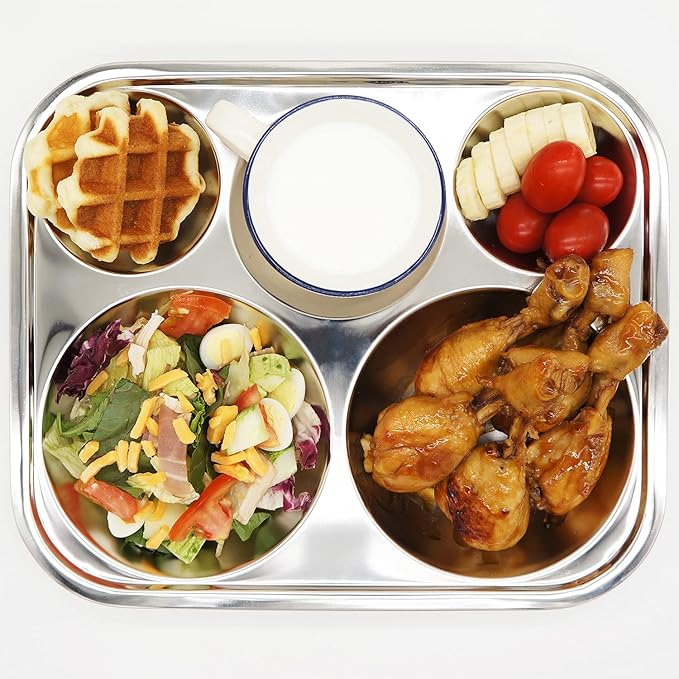 Korean Stainless Steel Divided Plates, Food Grade 304 Tray Large Size for Adults, Teens, Picky Eaters, Campers, BPA Free, Diet Portion Control, Serving Platter, Dinner Snack, Set of 2