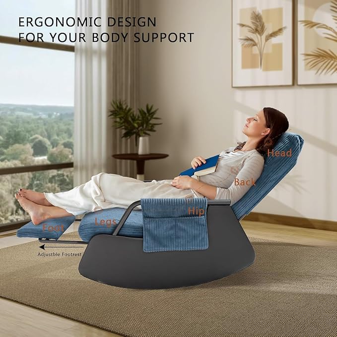 Rocking Chair for Nursery, Modern Upholstered Plush Seating Glider Recliner Chair with High Backrest and Side Pocket, Accent Armchair with Cushions for Living Room/Reading (Blue)