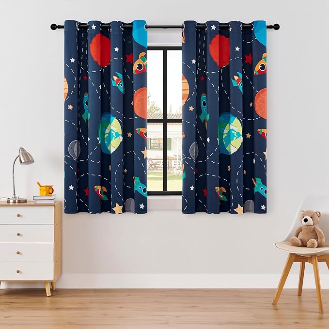 Kids Space Themed Blackout Curtains - 2 Panels, Each W52×L72, 100% Blackout, Perfect for Bedroom and Nursery, Energy Saving with Vibrant Cosmos Patterns