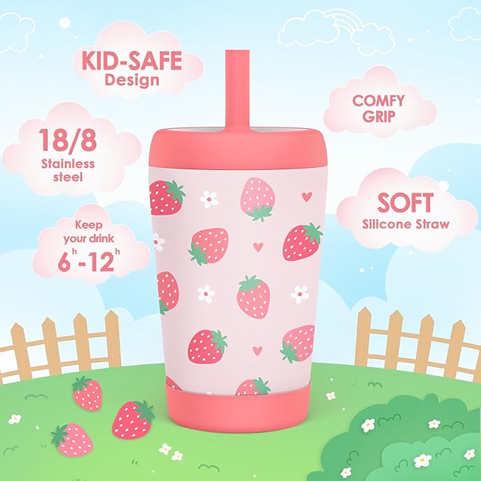 Kid Insulated Stainless Steel Tumbler with Silicone Straw, 12oz Sippy Cup for Kids (Strawberry)