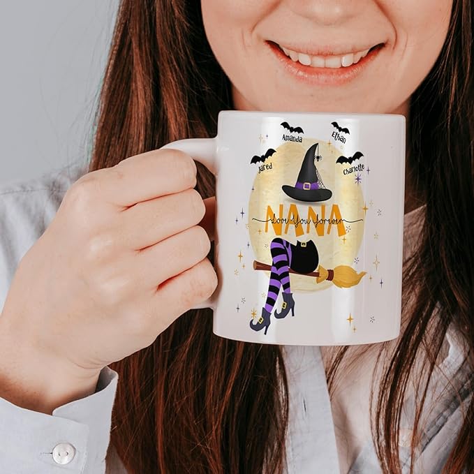 Personalized Witch Mug for Nana - Kids Names, 11 or 15 Oz Coffee Cup - Fall Gift for Her